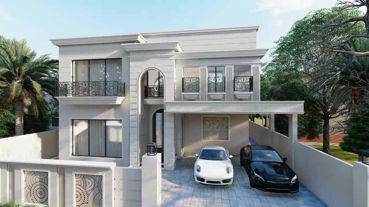 1 Kanal house design with an arched entrance and two-car porch, by Danial Khan & Associates, Lahore