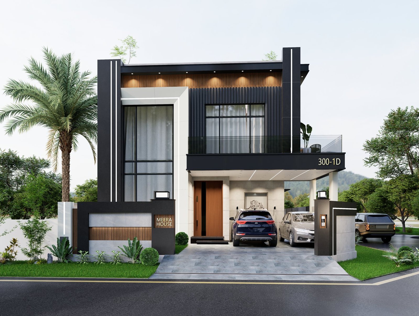 10 Marla modern house design with a black fluted upper volume and double-height glazing, by Danial Khan & Associates