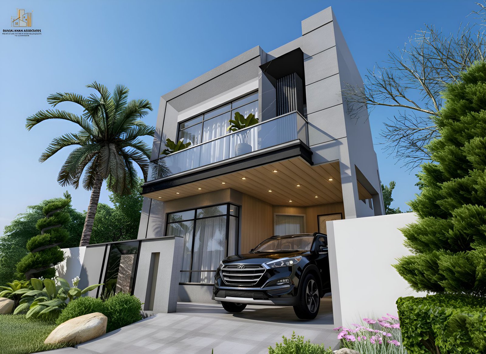 5 Marla modern house design with a cantilevered balcony, by Danial Khan & Associates, Lahore