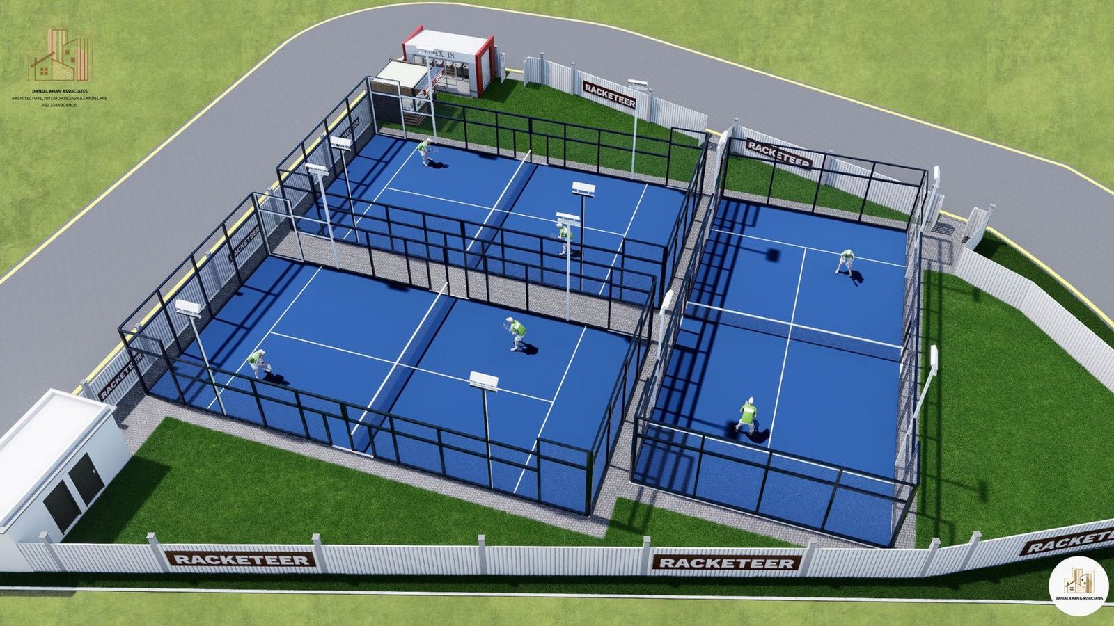 Padel court facility in Lahore with three enclosed courts, designed by Danial Khan & Associates
