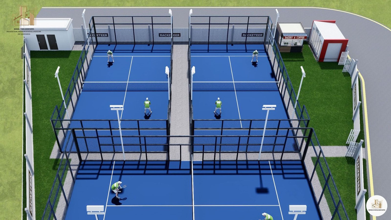 Top view of the padel court layout with a central walkway, designed by Danial Khan & Associates